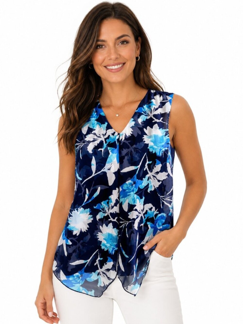 Adele & May Blue Floral Sheer Overlay Sleeveless Top